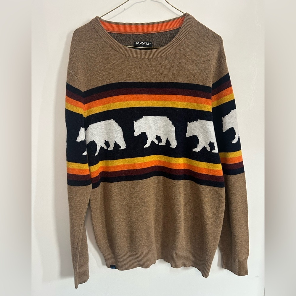 KAVU Men's Tan Sweater with Bear and Stripe Design